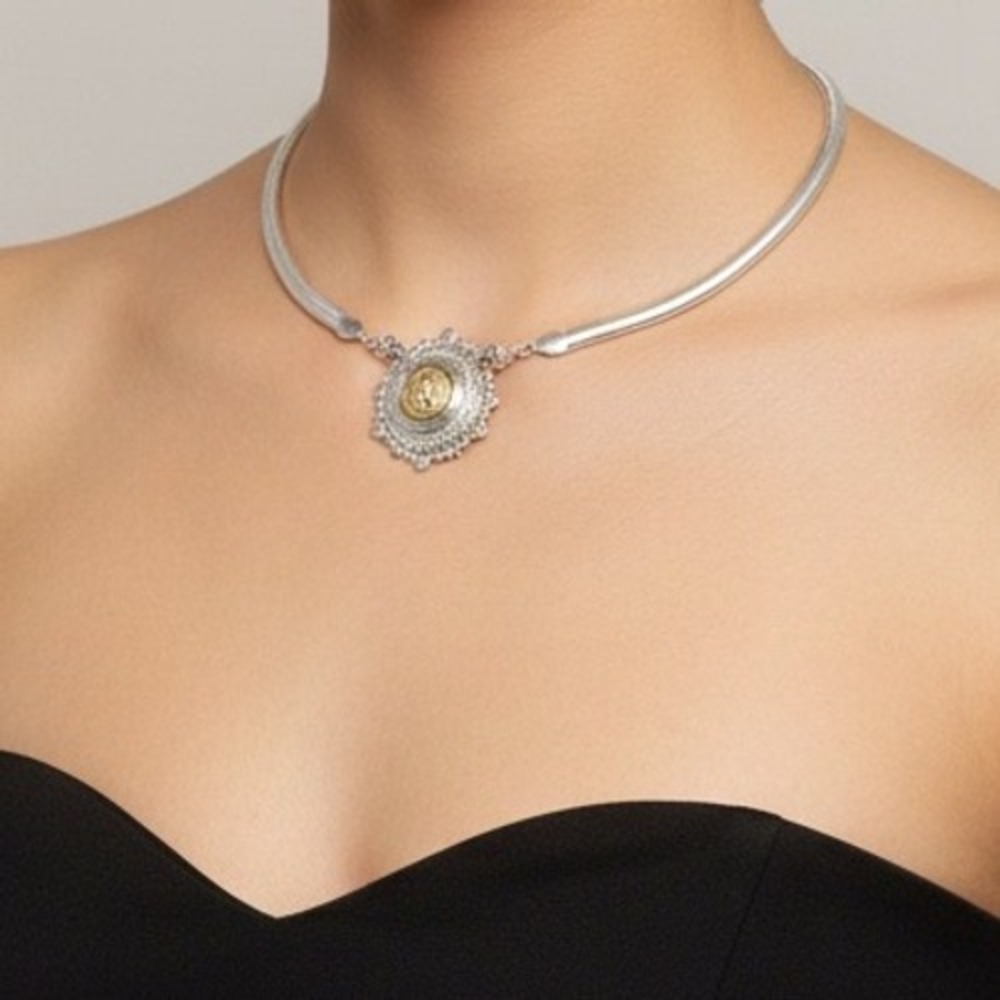 Elegant Silver Gold Toned Statement Necklace Medallion Pendant Statement Accent
